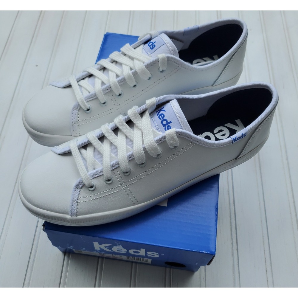 Keds Kickstart White Leather Sneakers NIB Blue Logo Womens 7.5 M NEW